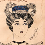 French "Coiffure de Opium Perle" Portrait Drawing, Framed