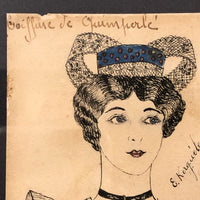 French "Coiffure de Opium Perle" Portrait Drawing, Framed