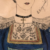 French "Coiffure de Opium Perle" Portrait Drawing, Framed