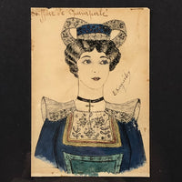 French "Coiffure de Opium Perle" Portrait Drawing, Framed