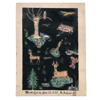 German 1943 R. Schmidt Woodland Animals Mixed Media Drawing