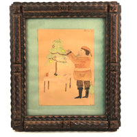 Child Painted Santa Watercolor Drawing in Chip Carved Tramp Frame