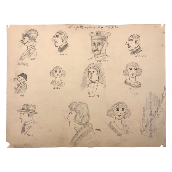 Many Faces, 1922 Pencil Drawings on Bank Stationary, Bedford Iowa