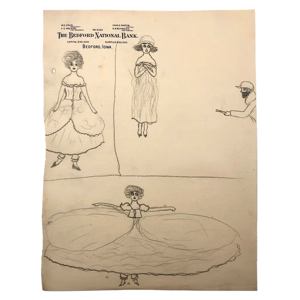 Three Women and a Bank Robber 1920s Pencil Drawing on Bank Stationary