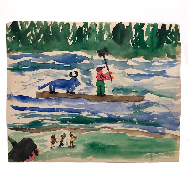 Wonderful Child's Watercolor of Boy and Blue Animal on Raft with Tiny Wood Choppers on Shore