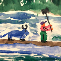 Wonderful Child's Watercolor of Boy and Blue Animal on Raft with Tiny Wood Choppers on Shore