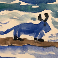 Wonderful Child's Watercolor of Boy and Blue Animal on Raft with Tiny Wood Choppers on Shore