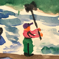 Wonderful Child's Watercolor of Boy and Blue Animal on Raft with Tiny Wood Choppers on Shore