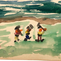 Wonderful Child's Watercolor of Boy and Blue Animal on Raft with Tiny Wood Choppers on Shore
