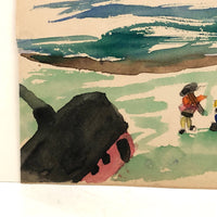 Wonderful Child's Watercolor of Boy and Blue Animal on Raft with Tiny Wood Choppers on Shore