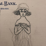 Three Women and a Bank Robber 1920s Pencil Drawing on Bank Stationary