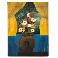 Cheerfully Awkward Vase of Flowers at Window, Vintage Painting on Canvas