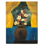 Cheerfully Awkward Vase of Flowers at Window, Vintage Painting on Canvas