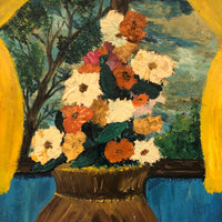 Cheerfully Awkward Vase of Flowers at Window, Vintage Painting on Canvas