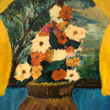 Cheerfully Awkward Vase of Flowers at Window, Vintage Painting on Canvas
