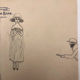 Three Women and a Bank Robber 1920s Pencil Drawing on Bank Stationary