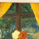 Cheerfully Awkward Vase of Flowers at Window, Vintage Painting on Canvas