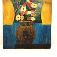Cheerfully Awkward Vase of Flowers at Window, Vintage Painting on Canvas