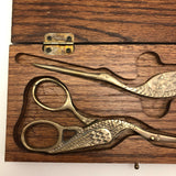 Crane Shaped Embroidery Scissors and Punch Tool in Wooden Box