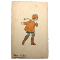 Girl in Orange Coat and Wooly Stockings Antique Hand-drawn Postcard