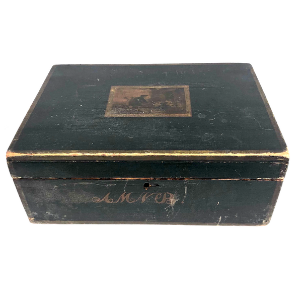 Charming 19th Century Monogrammed Document Box with Wallpapered Interior