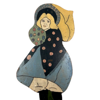 c. Early 1930s Painted Folk Art Garden Post Woman with Bouquet and Umbrella