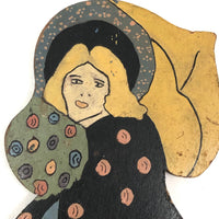 c. Early 1930s Painted Folk Art Garden Post Woman with Bouquet and Umbrella