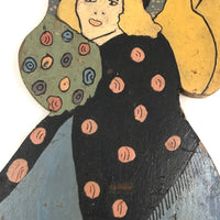 c. Early 1930s Painted Folk Art Garden Post Woman with Bouquet and Umbrella