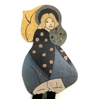 c. Early 1930s Painted Folk Art Garden Post Woman with Bouquet and Umbrella