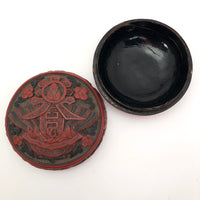 Antique Chinese Cinnabar Lacquer Round Box with Character for Spring (Chun) and God of Longevity (Shoulao)