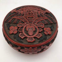 Antique Chinese Cinnabar Lacquer Round Box with Character for Spring (Chun) and God of Longevity (Shoulao)