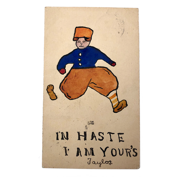 I'm Your In Haste Wonderful Hand-painted Blue and Orange Dutch Boy Postcard