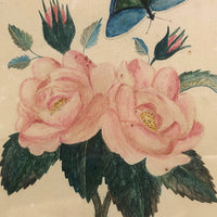 19th C. Theorem Watercolor Roses and Butterflies in Great Period Frame