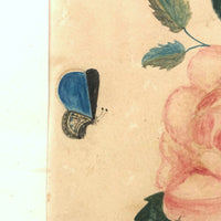 19th C. Theorem Watercolor Roses and Butterflies in Great Period Frame
