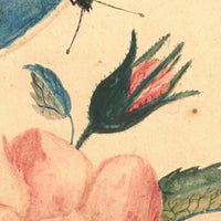 19th C. Theorem Watercolor Roses and Butterflies in Great Period Frame