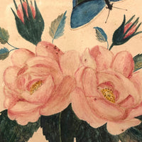19th C. Theorem Watercolor Roses and Butterflies in Great Period Frame
