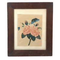 19th C. Theorem Watercolor Roses and Butterflies in Great Period Frame