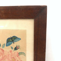 19th C. Theorem Watercolor Roses and Butterflies in Great Period Frame