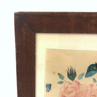 19th C. Theorem Watercolor Roses and Butterflies in Great Period Frame