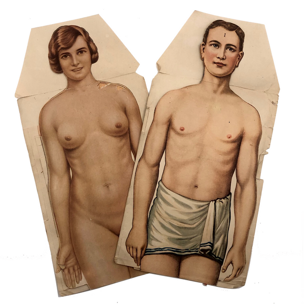 Paper Fold Out Anatomical Models, Male and Female Pair, 1930-40ss