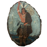 Wonderful Native American Warrior Painting on Log Slice, 1938