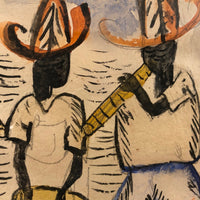 Wonderful Vintage Haitian Watercolor of Drummers and Horn Players