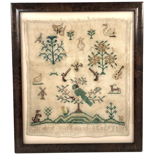 19th Century Needlepoint Sampler with Parrot, Pistols, and Fleur de Lis