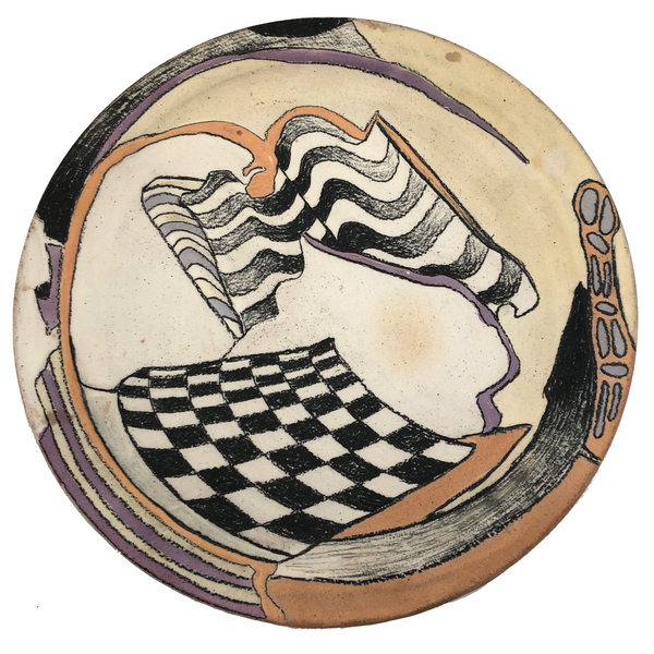 Funky Abstract Hand-painted Ceramic Platter Signed Monk - Smaller of Two