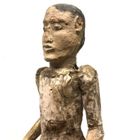 Very Old, Very Expressive Tall Papier Mache over Wood Figure with Beautifully Carved Face