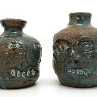 Toothy Small Folk Art Pottery Face Jugs - A Pair
