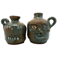 Toothy Small Folk Art Pottery Face Jugs - A Pair