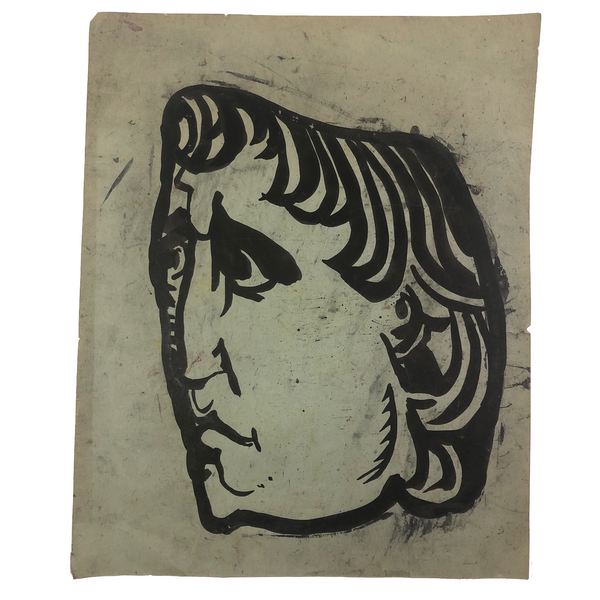 Ink Painting of Man in Partial Profile on Green Paper
