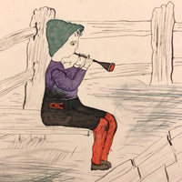 Naive Antique Drawing of Two Fishing Children and a Horn Player