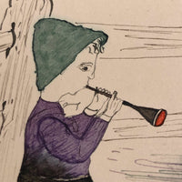 Naive Antique Drawing of Two Fishing Children and a Horn Player